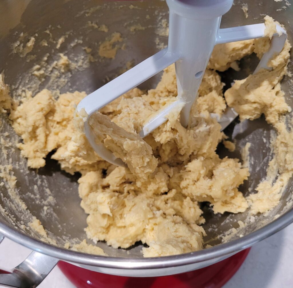 Loosely mixed Cinnamon Roll dough in a mixer bowl